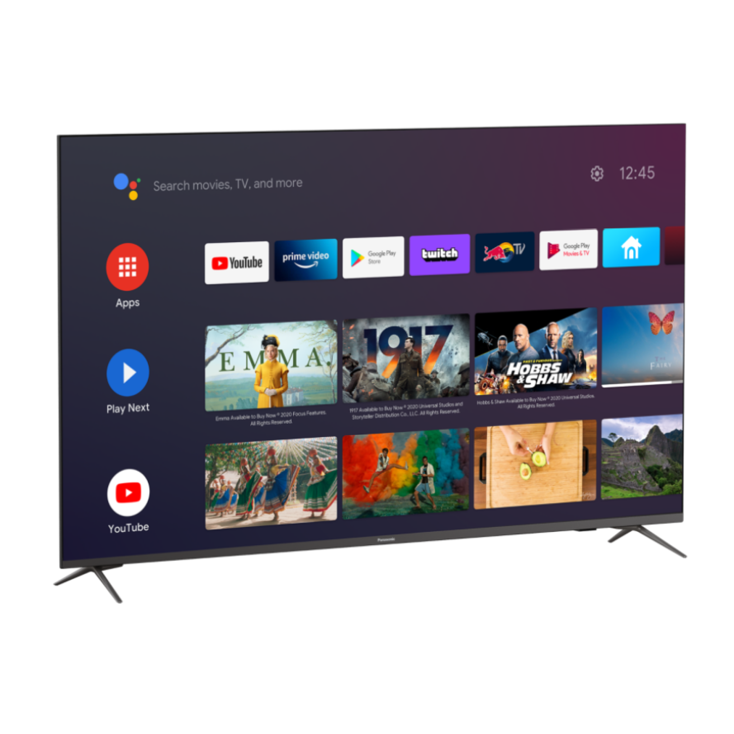 Smart TV mostrando pantalla de menú con aplicaciones. Muestra YouTube, Netflix y otros servicios.