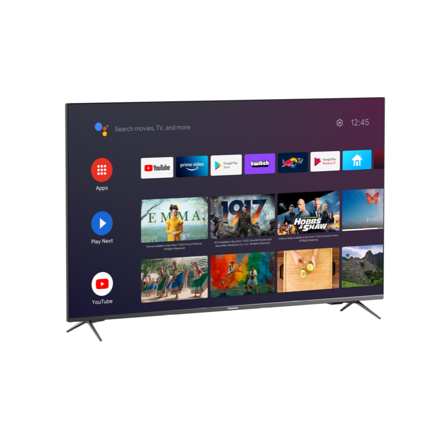 Un televisor de pantalla plana que muestra varias aplicaciones, con un fondo claro.