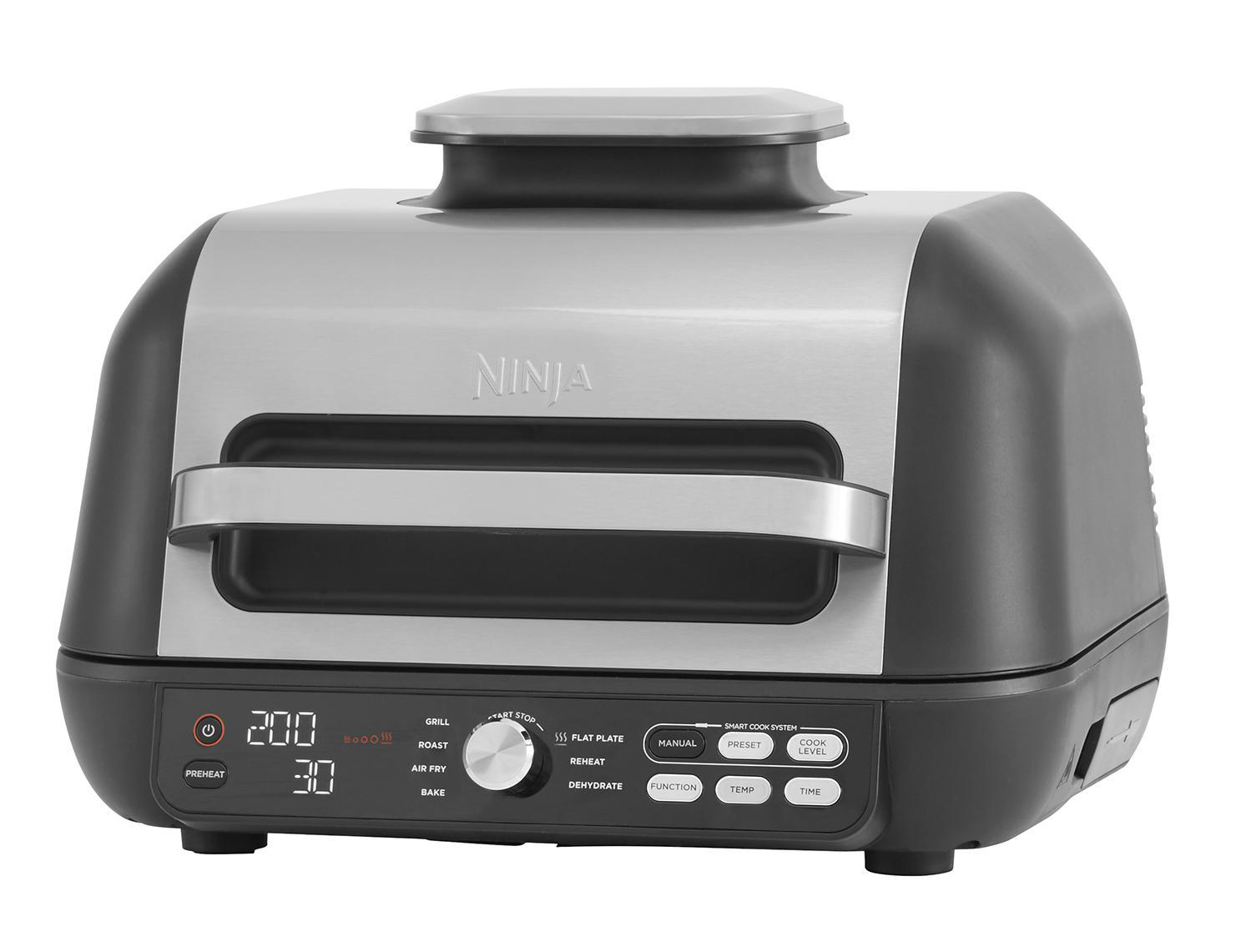 Ein Ninja-Grill mit silbernem und schwarzem Gehäuse und digitaler Anzeige.