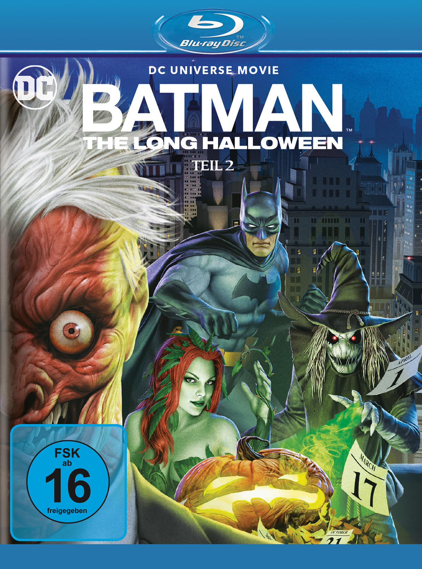 Blu-ray-Cover: Batman, Poison Ivy und Scarecrow, mit einem Kürbis.
