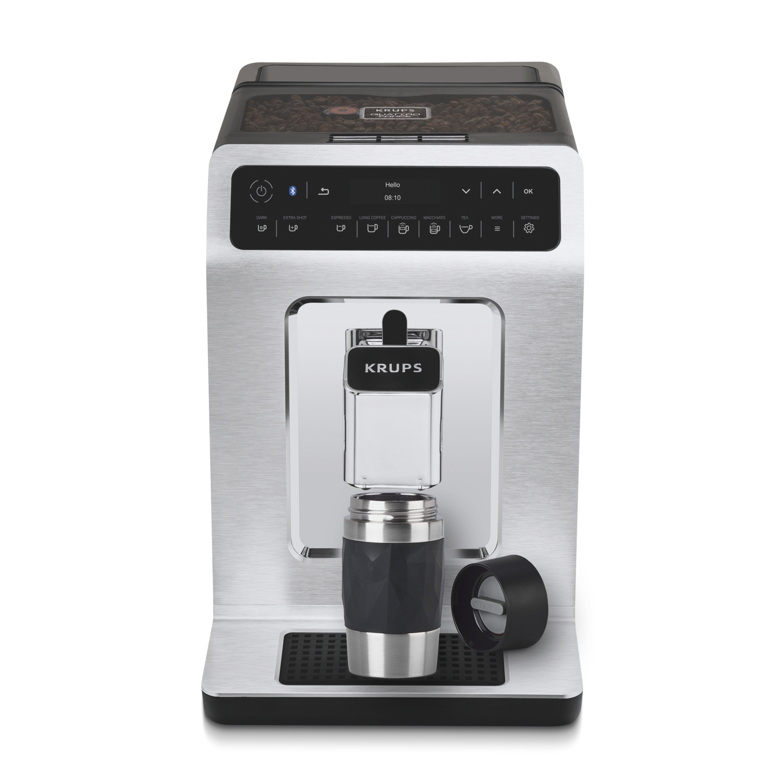 A stainless steel coffee machine with a cup, beans, and a black display.