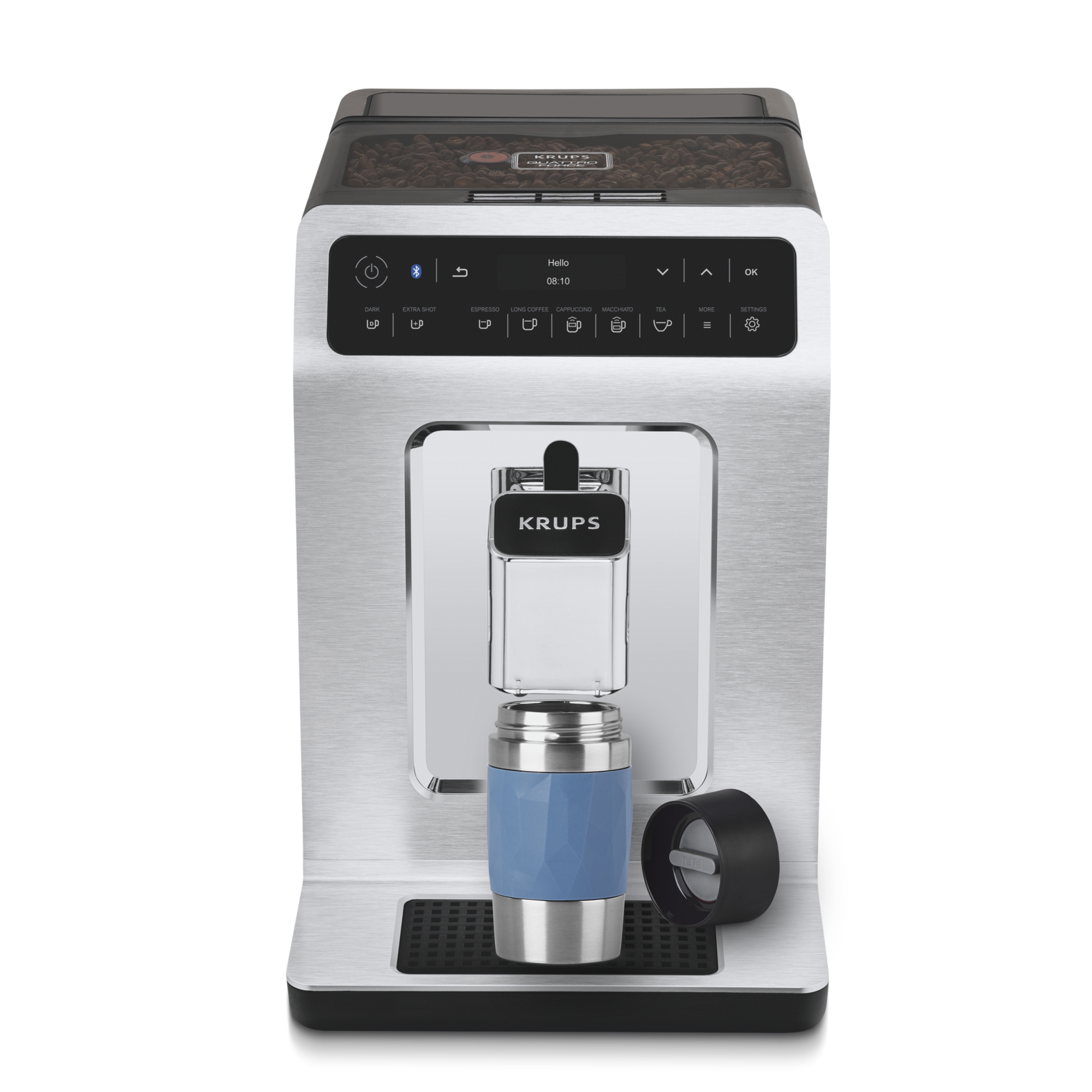 Silver Krups coffee machine with a travel mug. The machine has a digital display and buttons.