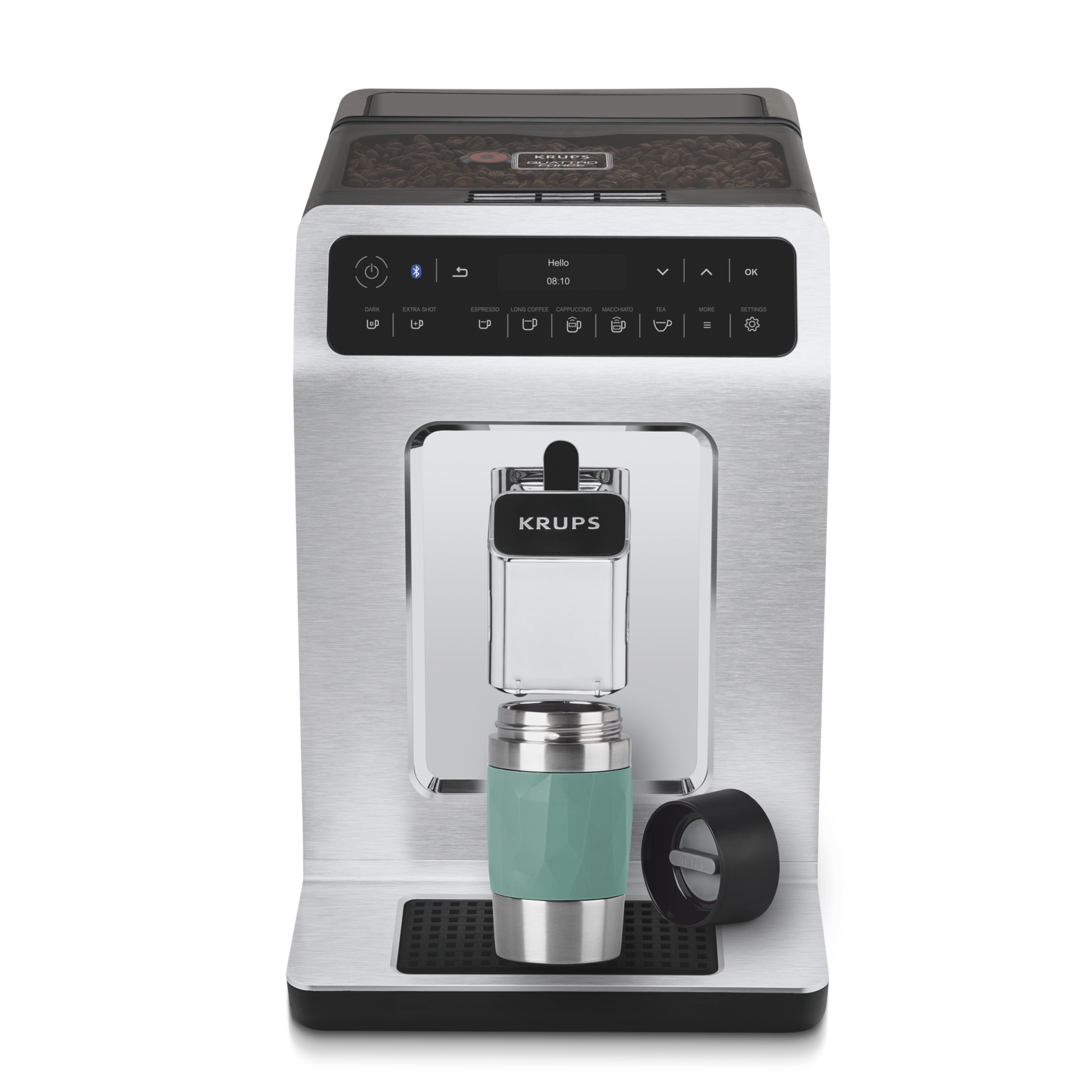 Silver and black Krups coffee machine with a teal travel mug.