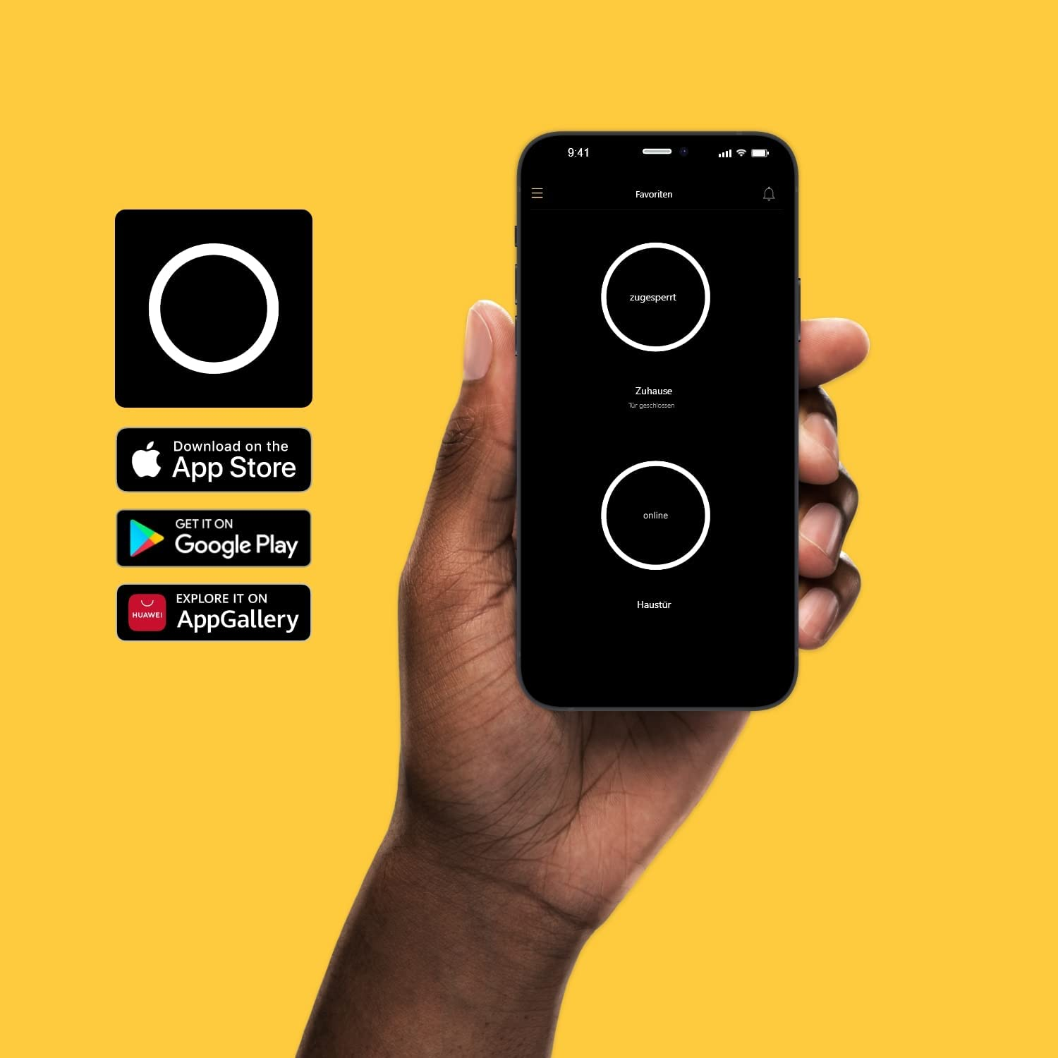 Mano sosteniendo un smartphone negro. Iconos de la tienda de aplicaciones visibles, con interfaz de aplicación en pantalla.
