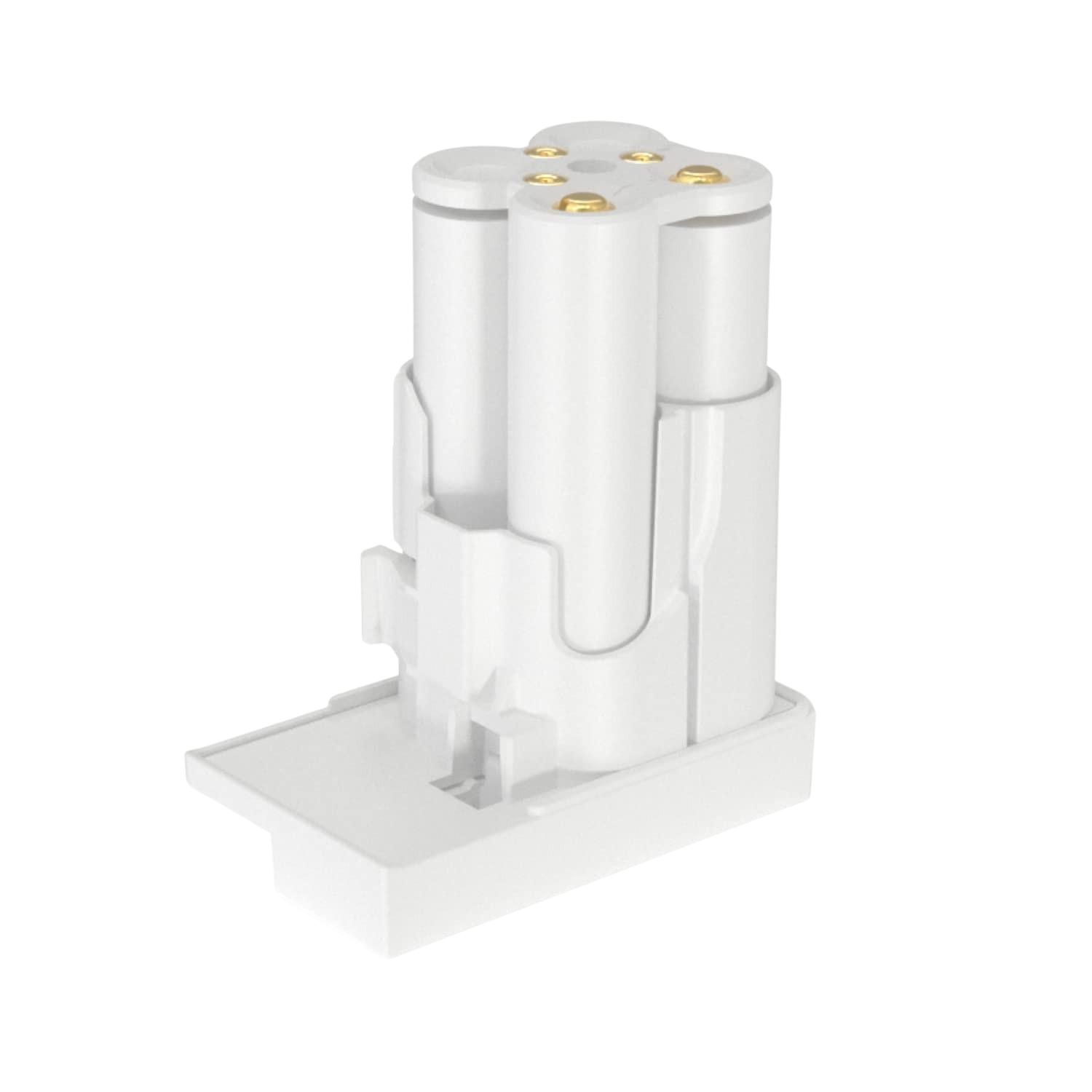 Componente eléctrico blanco con tres terminales y una base, aislado.