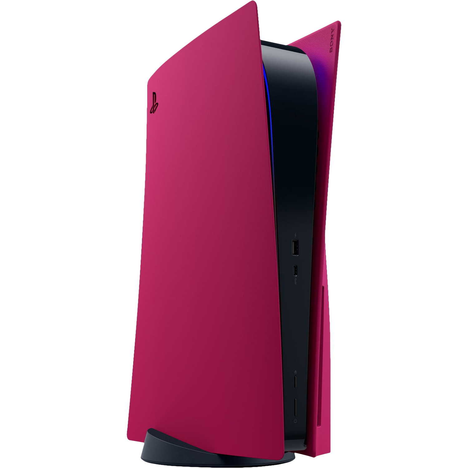 Una consola PlayStation 5 magenta sobre un fondo negro.