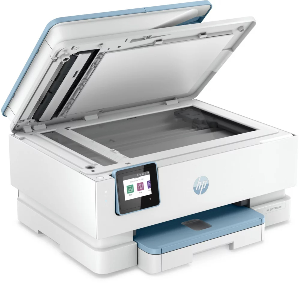White and blue HP Envy Inspire printer with open scanner lid. Shows the control panel.