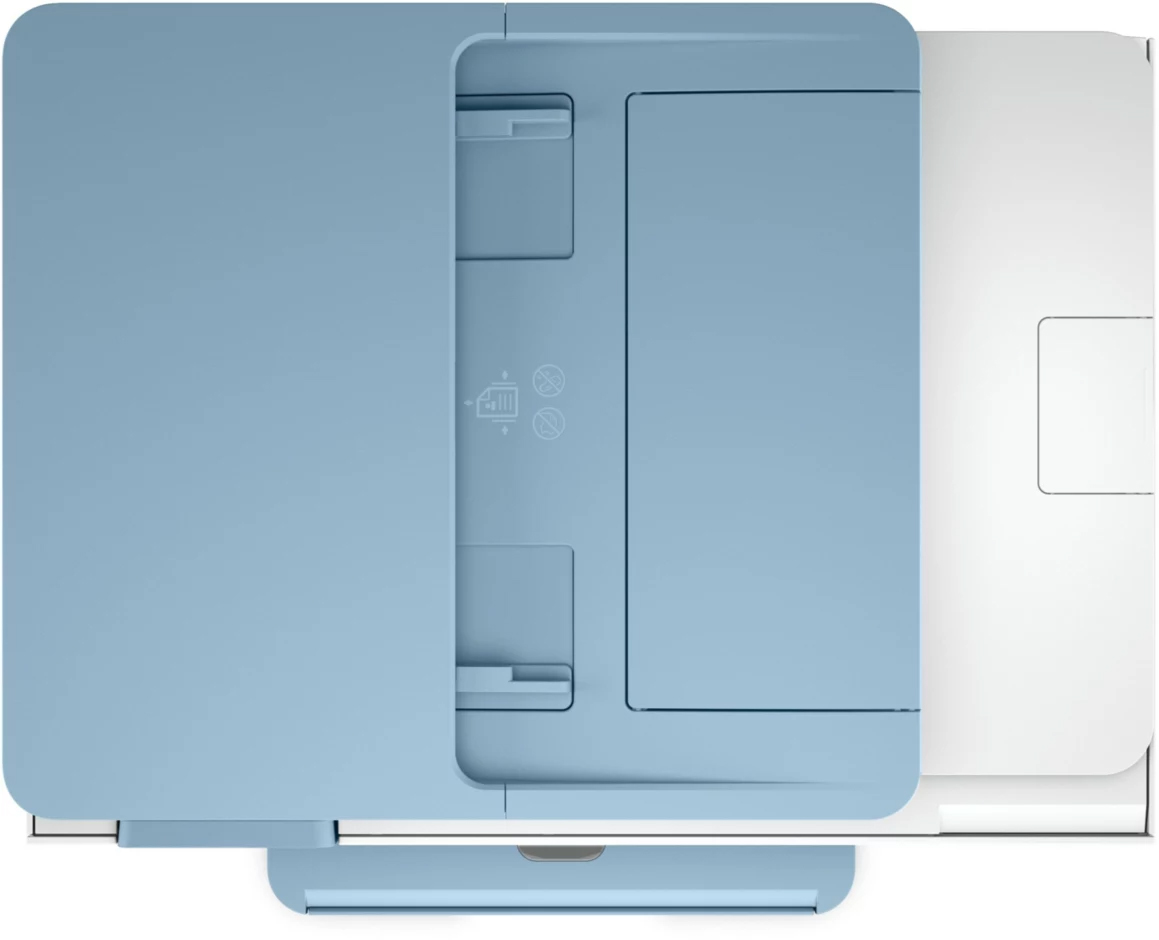 A top-down view of a light blue printer with a white paper tray open.