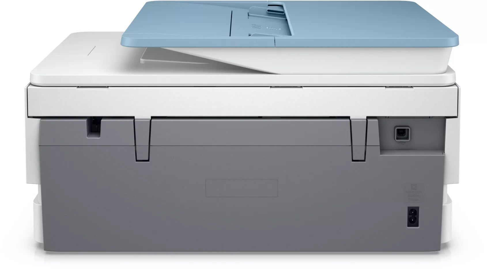 Rear view of a white and grey printer with a blue scanner lid.