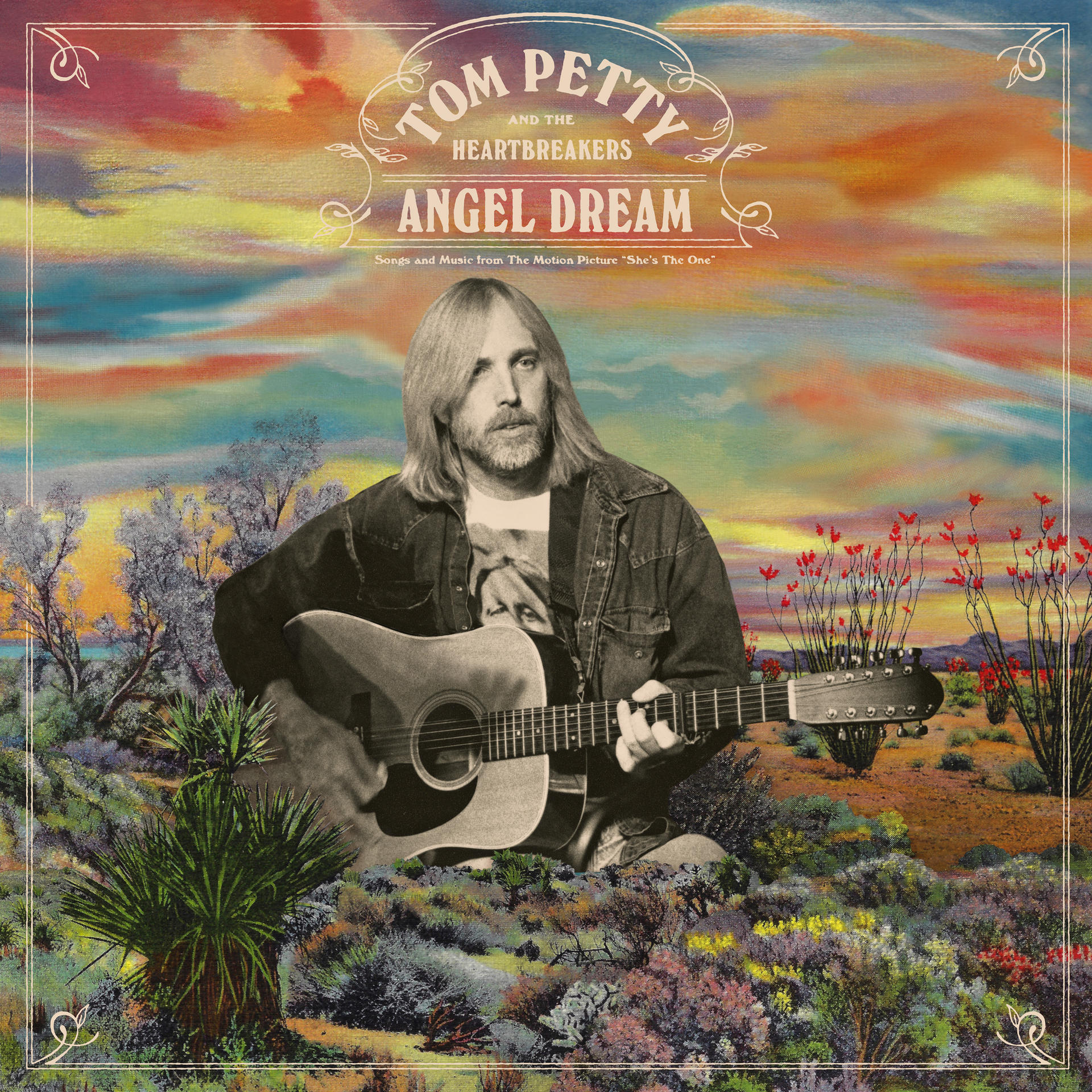 Pochette d'album, Tom Petty avec une guitare, devant un paysage coloré. Texte : Angel Dream.