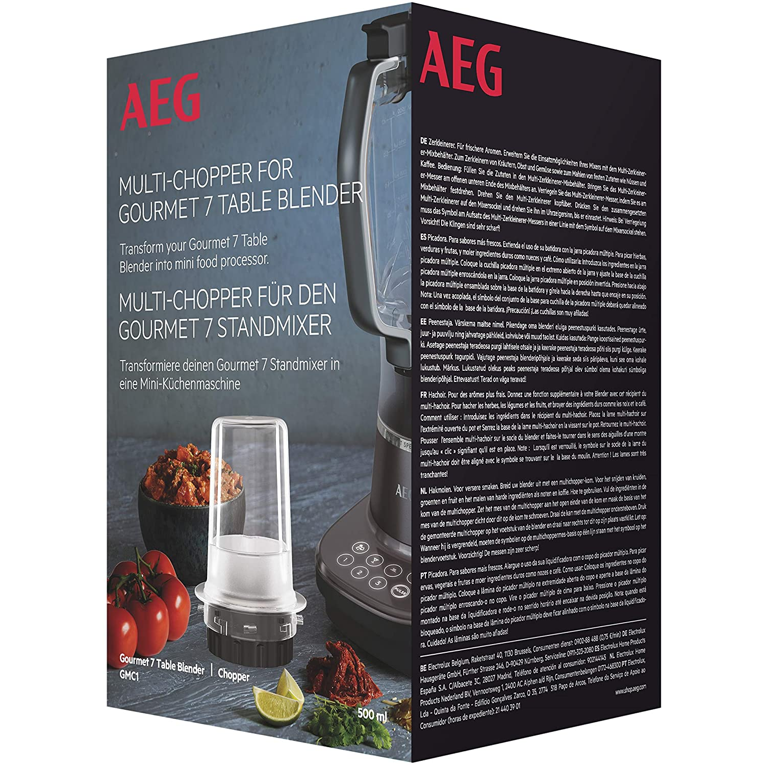 Caja para un multi-picador AEG. Muestra el picador y texto en varios idiomas, con tomates.