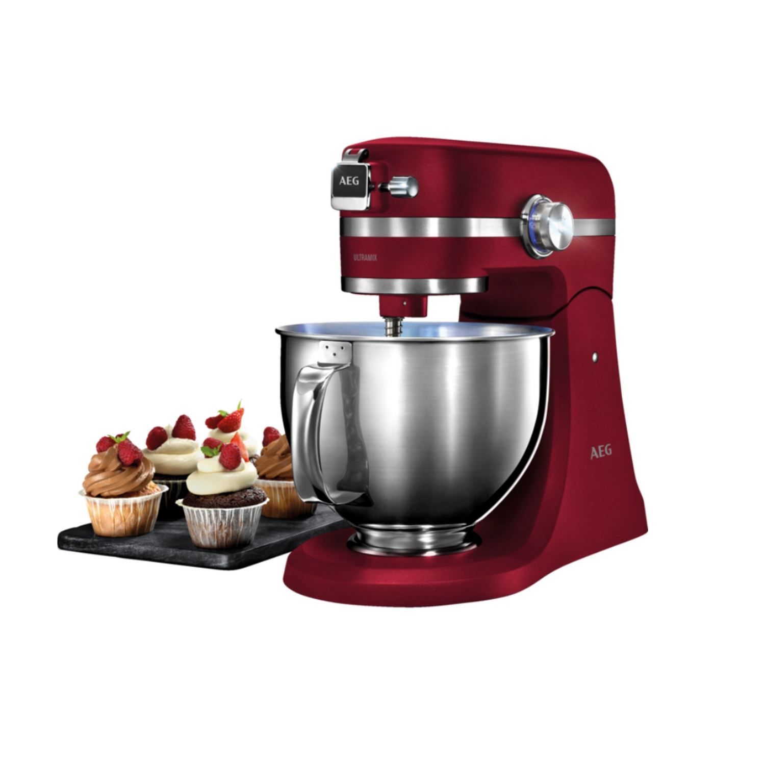 Robot de cocina - AEG KM5520, 1200 W, Dos Boles 2.9 l - 4.8 l, 10 Velocidades, 211 rpm, Luz LED, Rojo