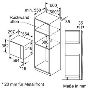 Technische Zeichnung eines Einbau-Mikrowellenherds und eines Schranks mit Maßen.