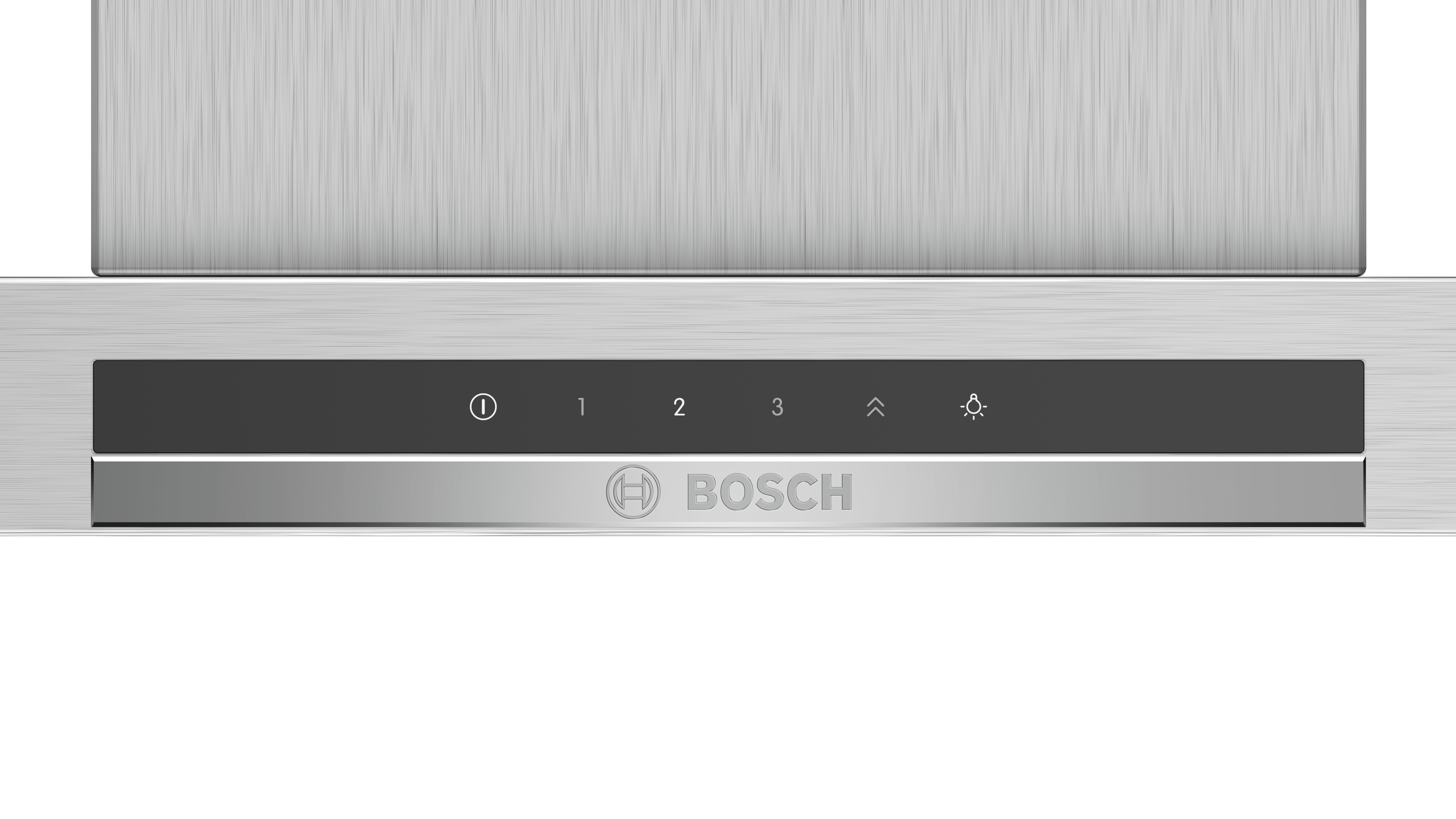 Gros plan sur un panneau de commande de hotte avec des boutons et un logo Bosch.