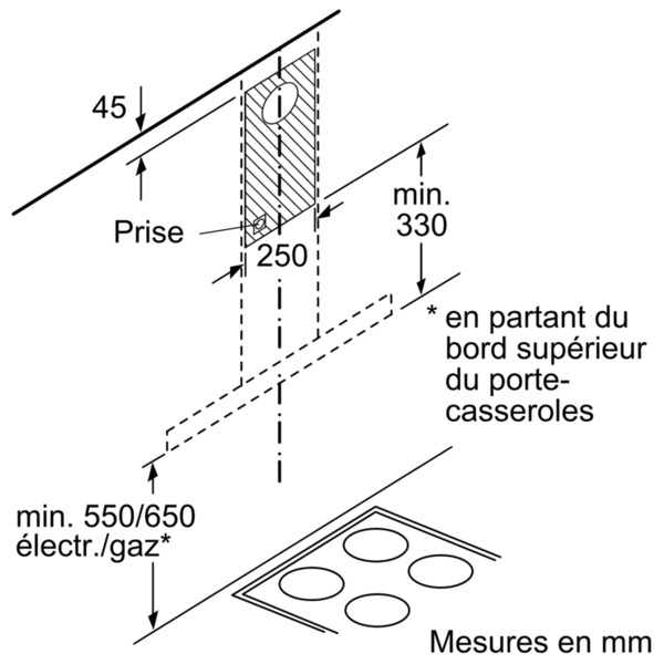 Un schéma technique montrant les dimensions pour l'installation d'une table de cuisson et d'une prise électrique.