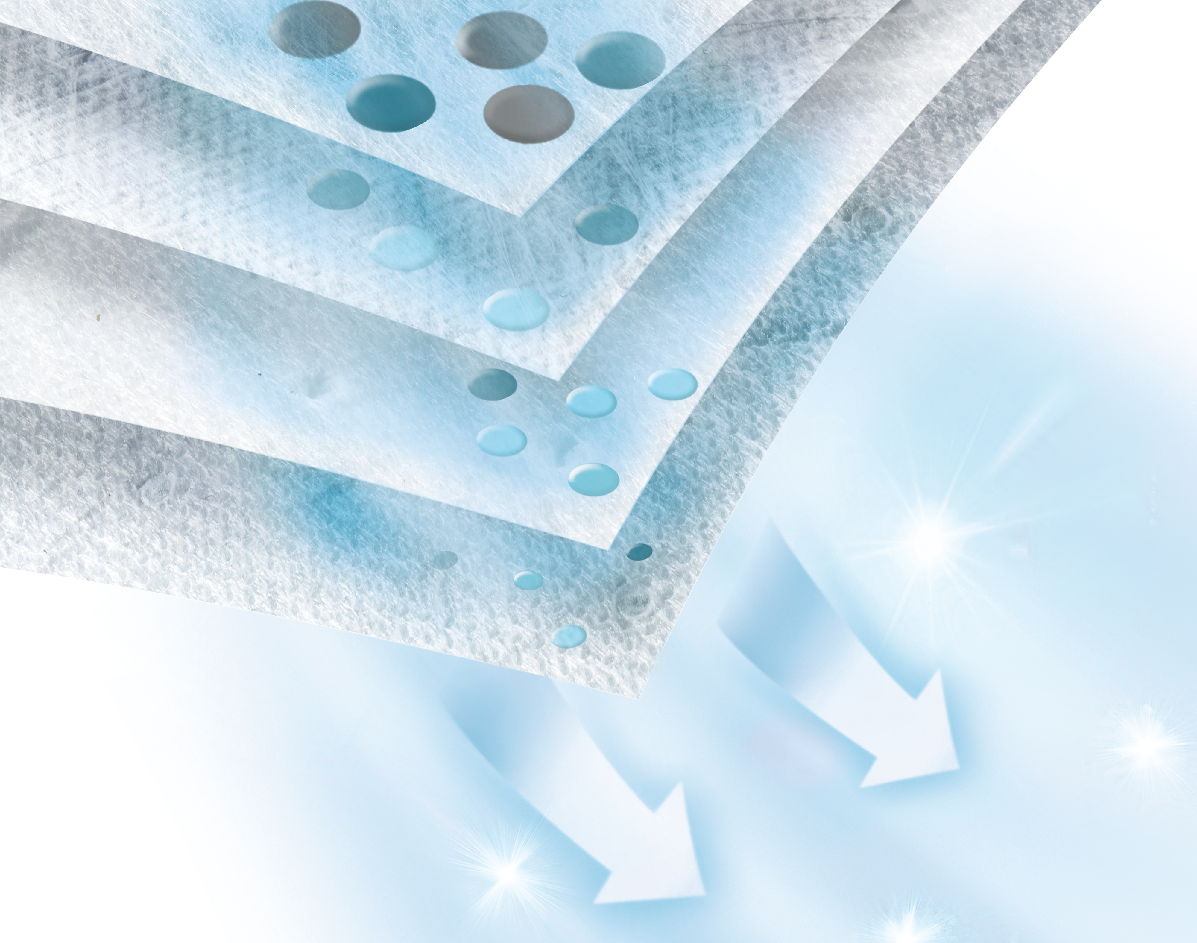 Schichten weißen Filtermaterials mit Wassertröpfchen, Pfeilen und Glanzlichtern.