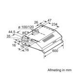 Technische tekening van een afzuigkap met afmetingen in millimeters.