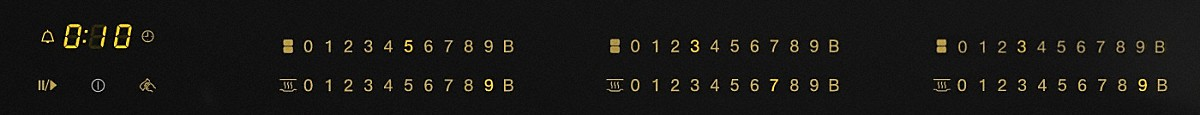 Ein gelber Timer, Zahlen und Symbole auf schwarzem Hintergrund.