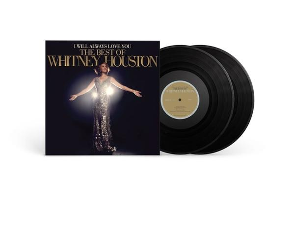 Whitney Houston album borítója, a képével és két fekete bakelit lemezzel.