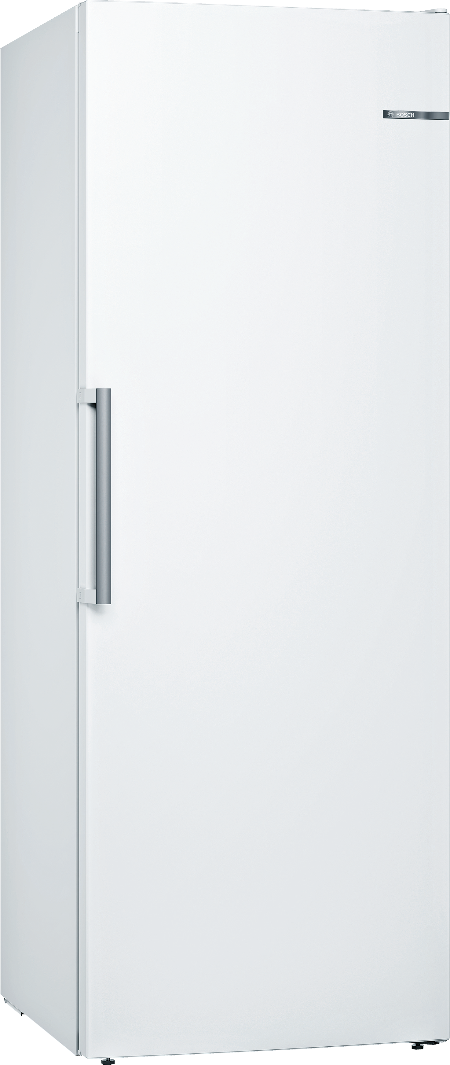 Ein weißer, freistehender Kühlschrank mit einem silbernen Griff auf der linken Seite.