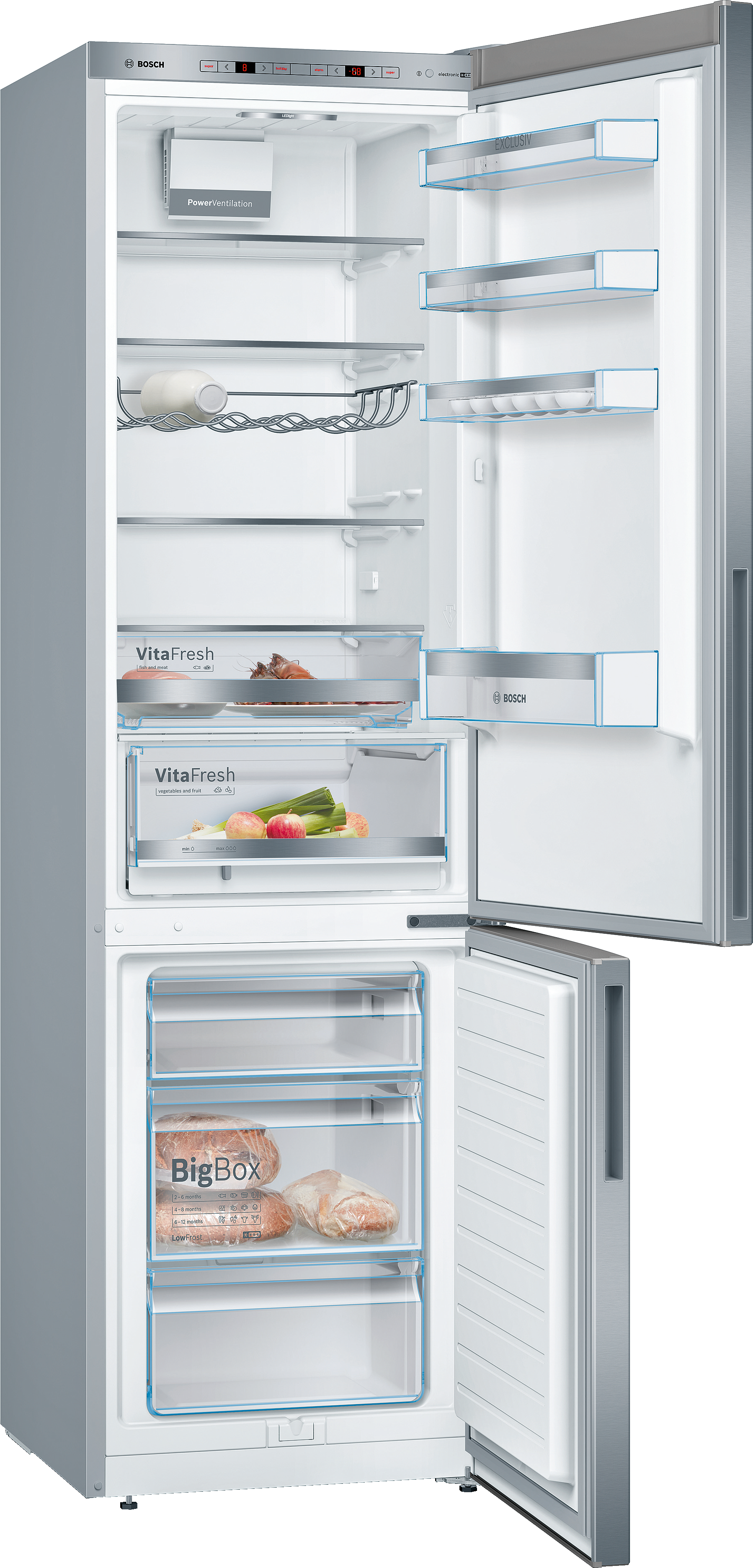 Ein Kühlschrank mit geöffneten Türen, der Regale, Schubladen und Essen zeigt.