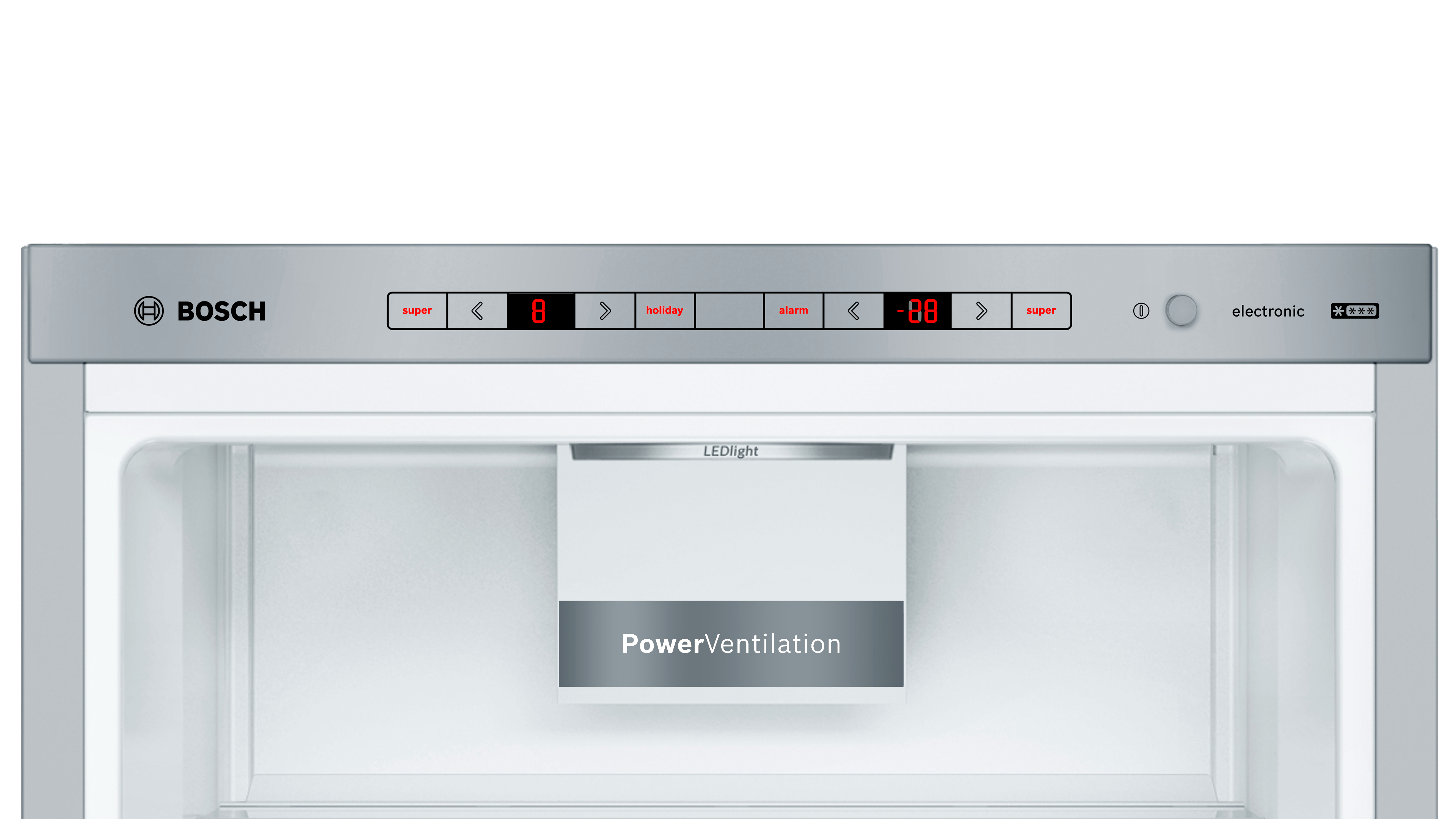 Kühlschrank-Innenraum. Bedienfeld oben zeigt Einstellungen. Leerer Innenraum, weiße Wände und eine PowerVentilation-Einheit.