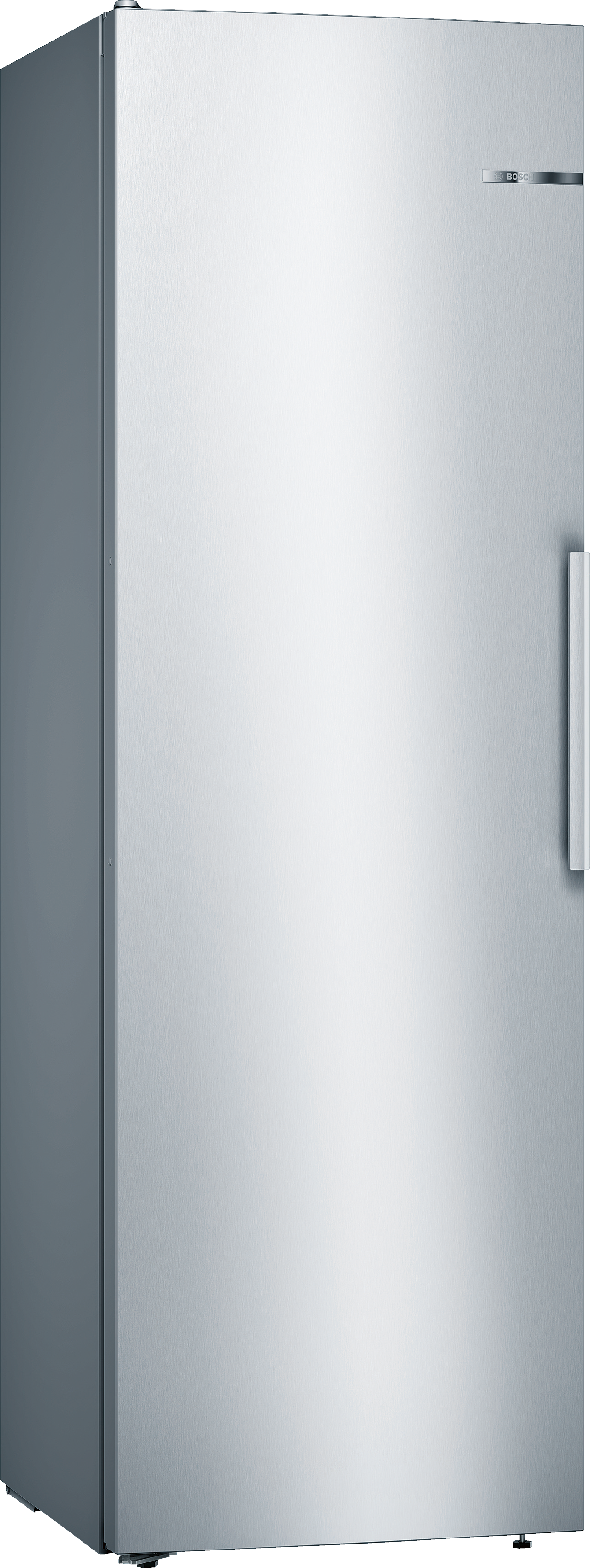 Ein silberner Kühlschrank mit weißem Griff auf weißem Hintergrund. Das Bosch-Logo ist sichtbar.