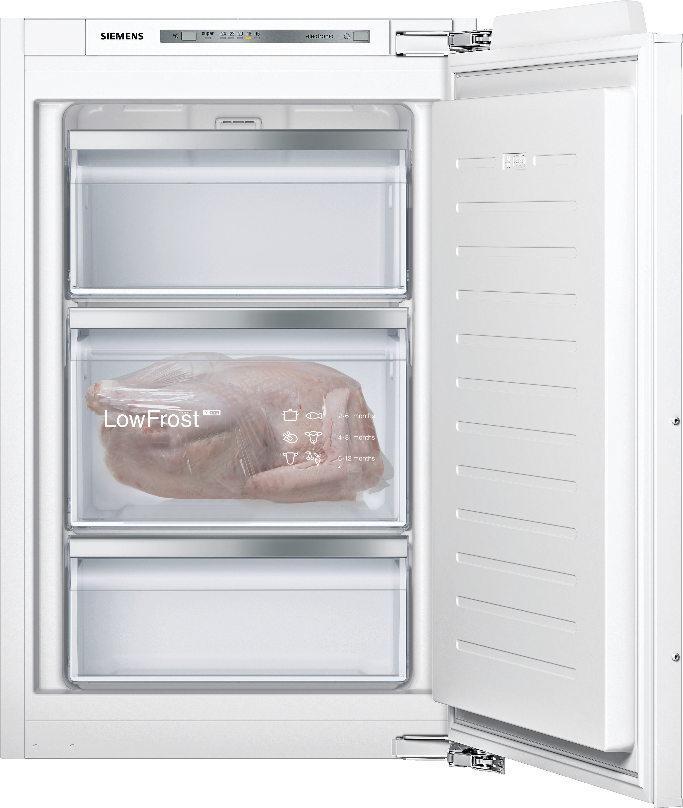 Ein Kühlschrank mit offener Tür. Es gibt Schubladen mit Essen darin. Weiß und sauber.