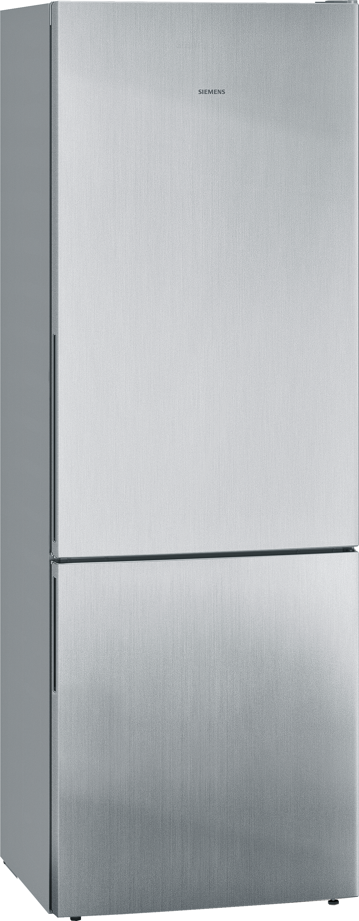 Silberner Kühlschrank. Hoch, mit Gefrierfach unten. Weißer Hintergrund.