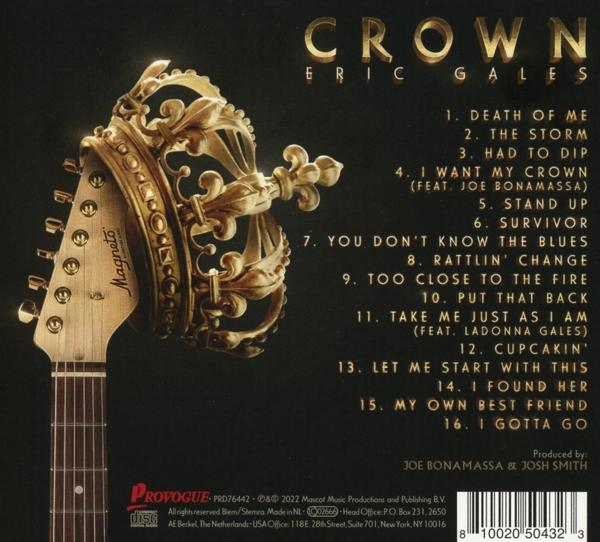 CD-borító hátulja a dalok listájával, arany koronával és gitár fejjel.