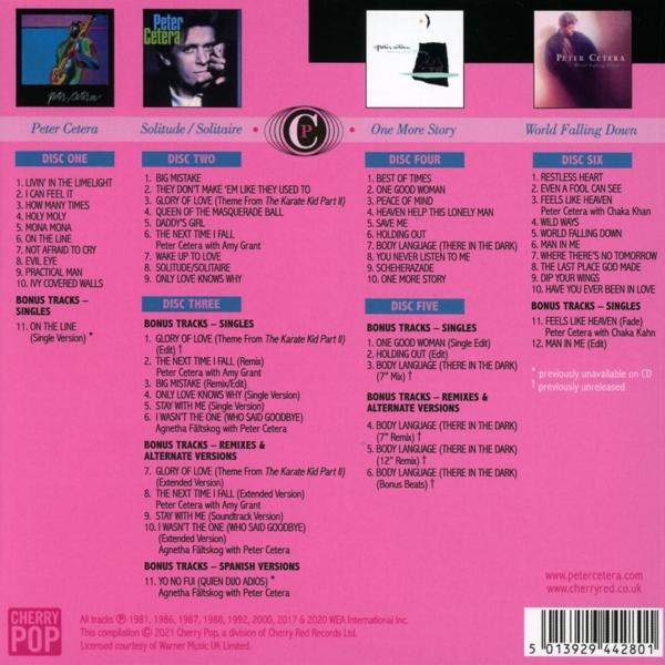 Albumhoes met tracklijsten. Peter Cetera is de artiest. Cherry Pop logo is zichtbaar.