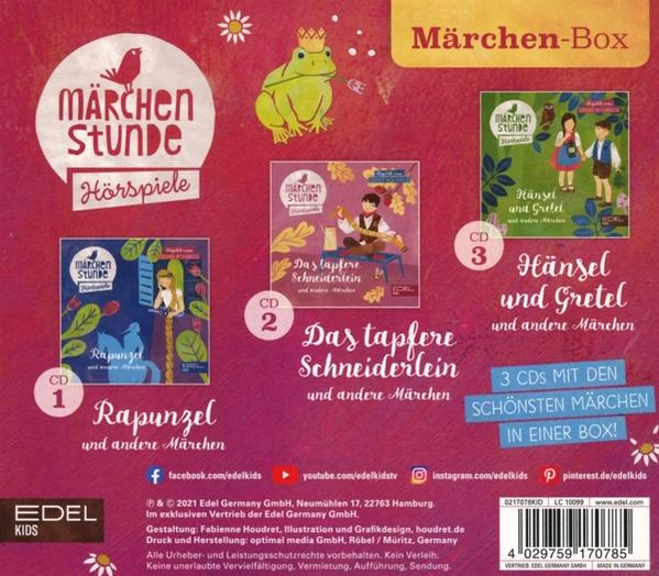 Die Rückseite einer Hörspiel-Box für Kinder. Enthält Illustrationen und Text auf Deutsch.