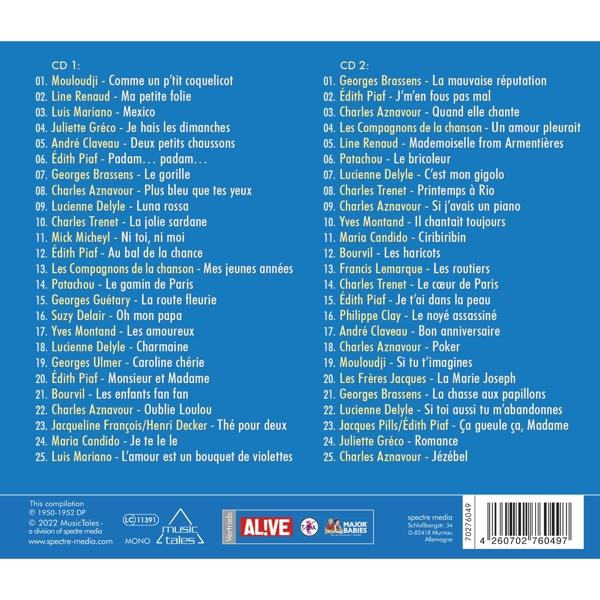 CD mit französischen Songtiteln und Text, mit verschiedenen Labels und Logos.