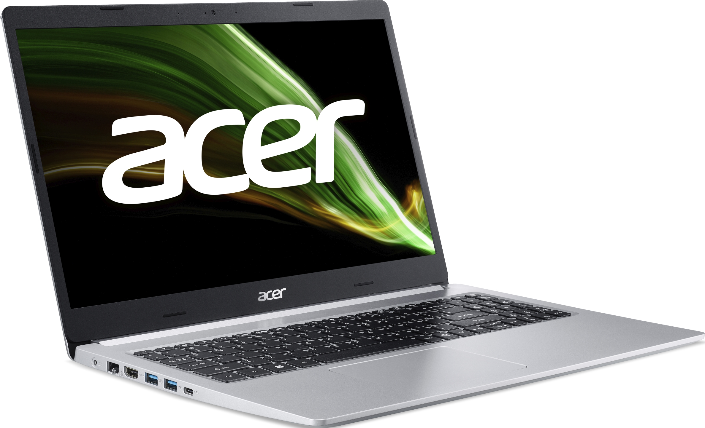 Silberner Acer-Laptop geöffnet, Bildschirm zeigt Logo und Hintergrund. Tastatur sichtbar.