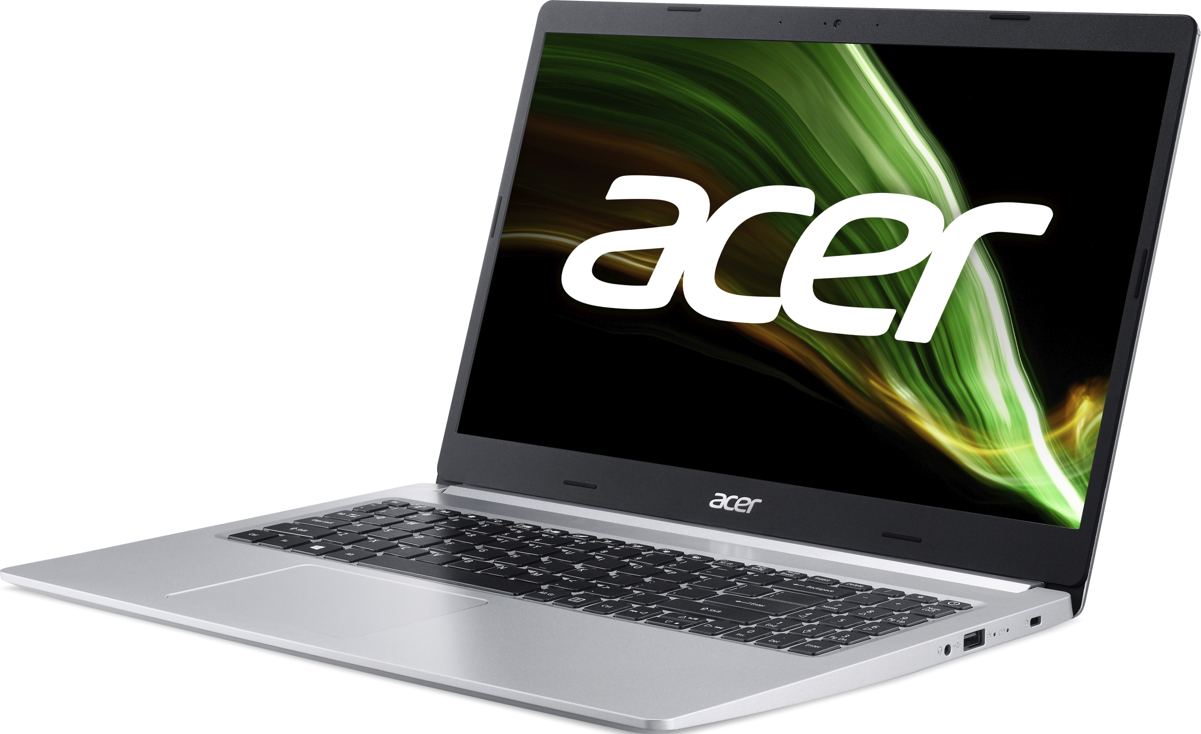 Silberner Acer-Laptop geöffnet, zeigt einen Bildschirm mit grünen und weißen Farbverläufen.