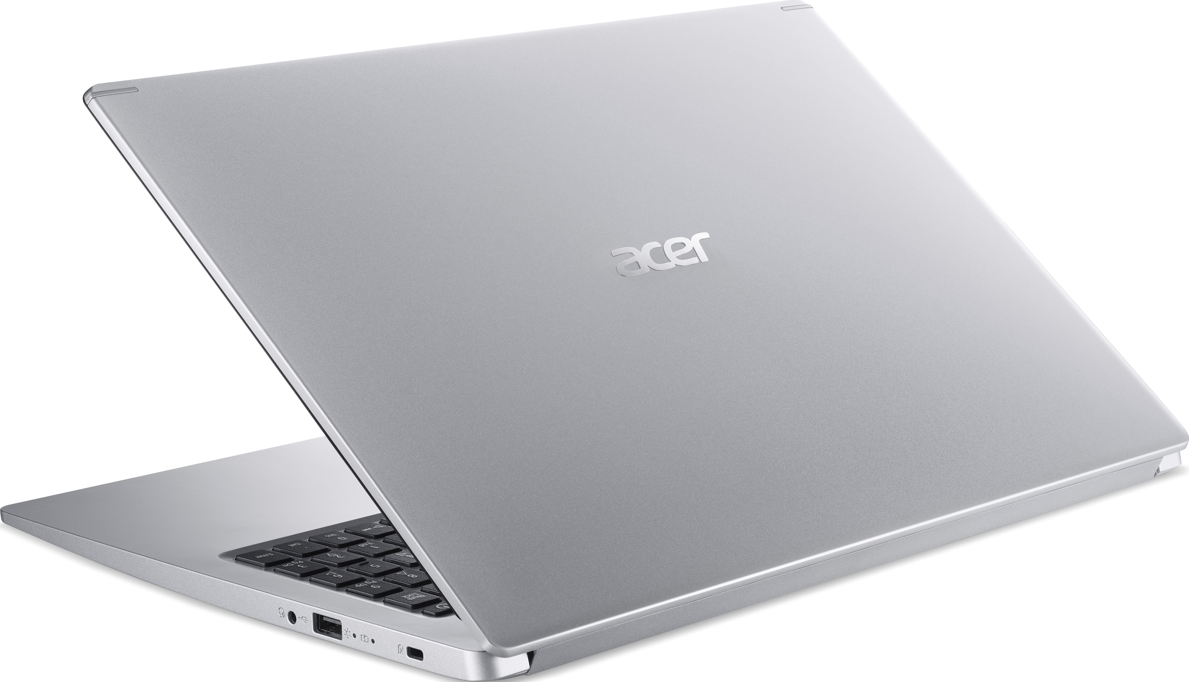 Silberner Acer-Laptop, geöffnet. Deckel mit Acer-Logo. Schwarze Tastatur sichtbar.