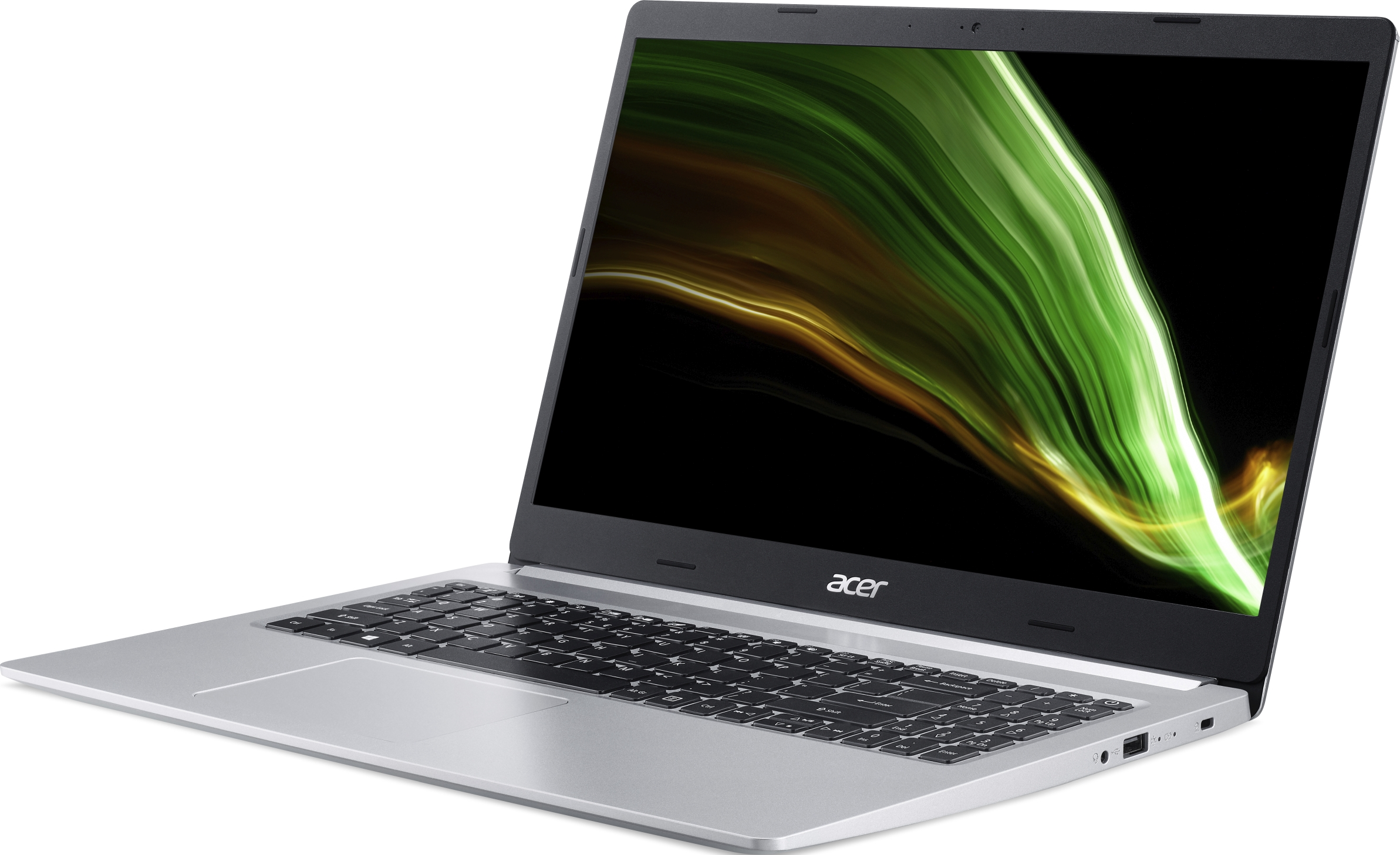 Ein silberner Laptop mit einem Bildschirm, der ein grün-gelbes Muster auf schwarzem Hintergrund zeigt.
