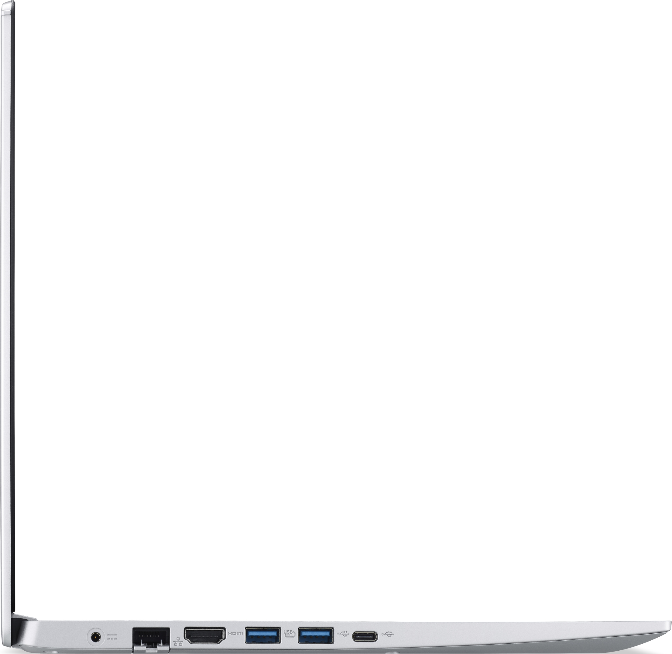 Seitenansicht eines silbernen Laptops. Zeigt Anschlüsse an der Seite. Weißer Hintergrund.