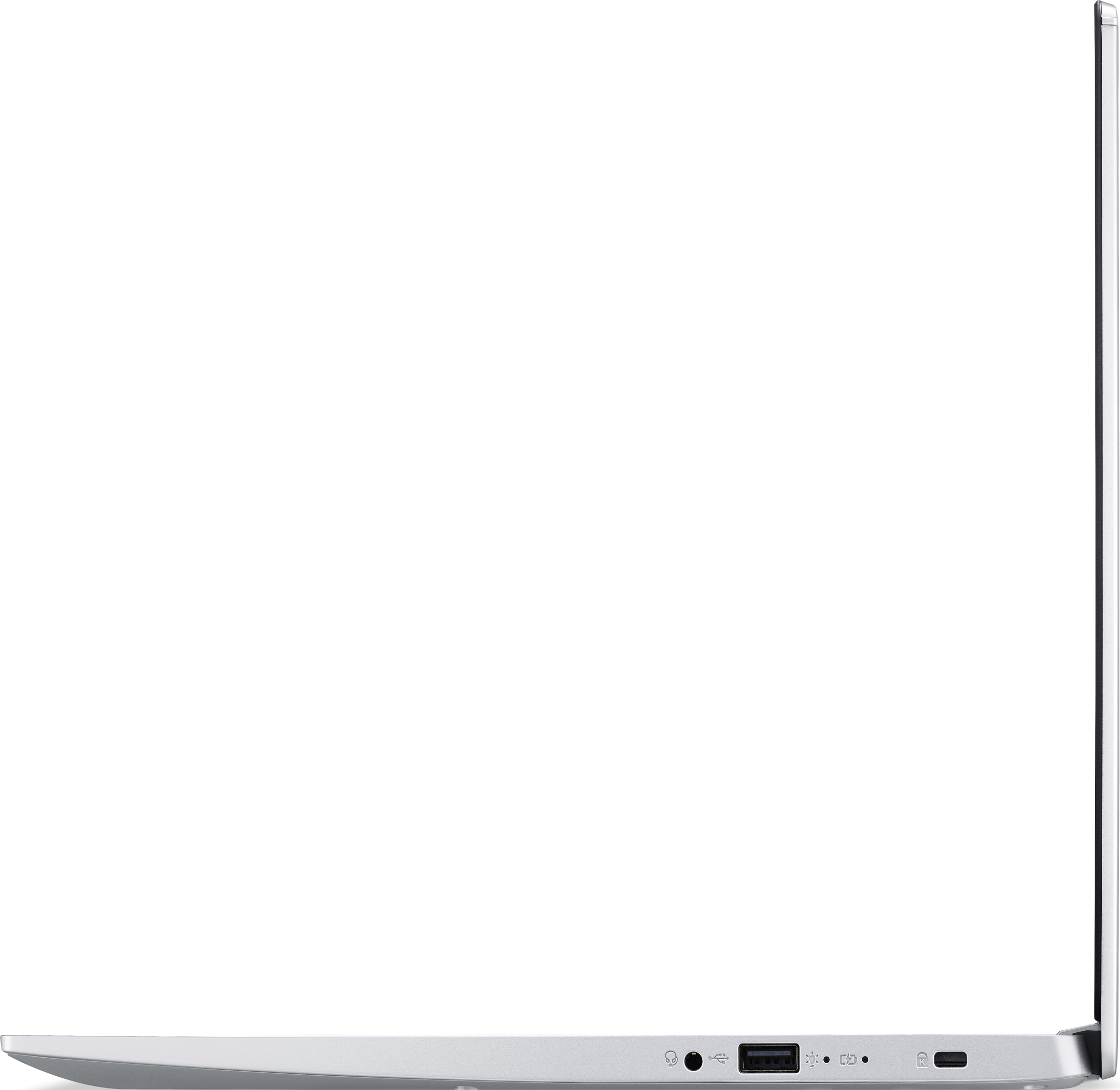 Silberner Laptop-Seitenansicht, zeigt Anschlüsse und ein schlankes Profil vor weißem Hintergrund.