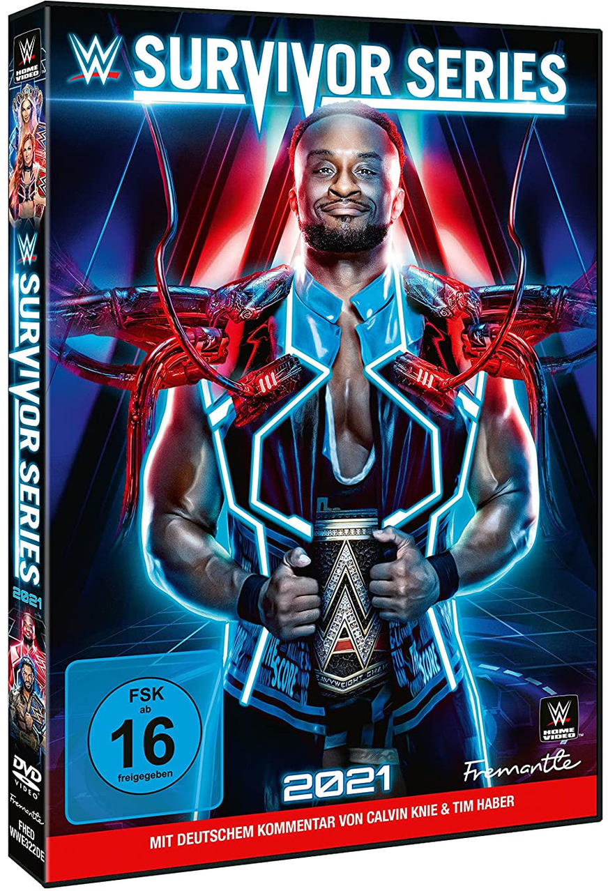 WWE Survivor Series 2021 DVD-Cover. Ein Wrestler hält einen Gürtel. Mit leuchtenden Farben.