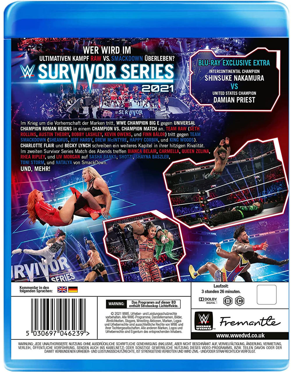 Die Rückseite einer WWE Survivor Series 2021 Blu-ray, mit Wrestlern und Text in mehreren Sprachen.