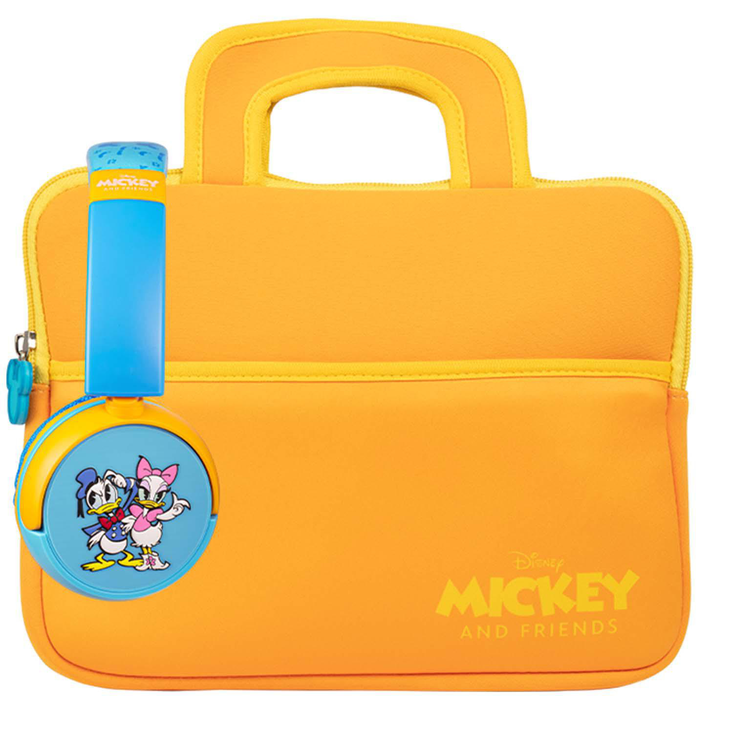 Orange Mickey Mouse and Friends Laptop-Tasche mit blauem Mickey-Kopfhörer-Set.