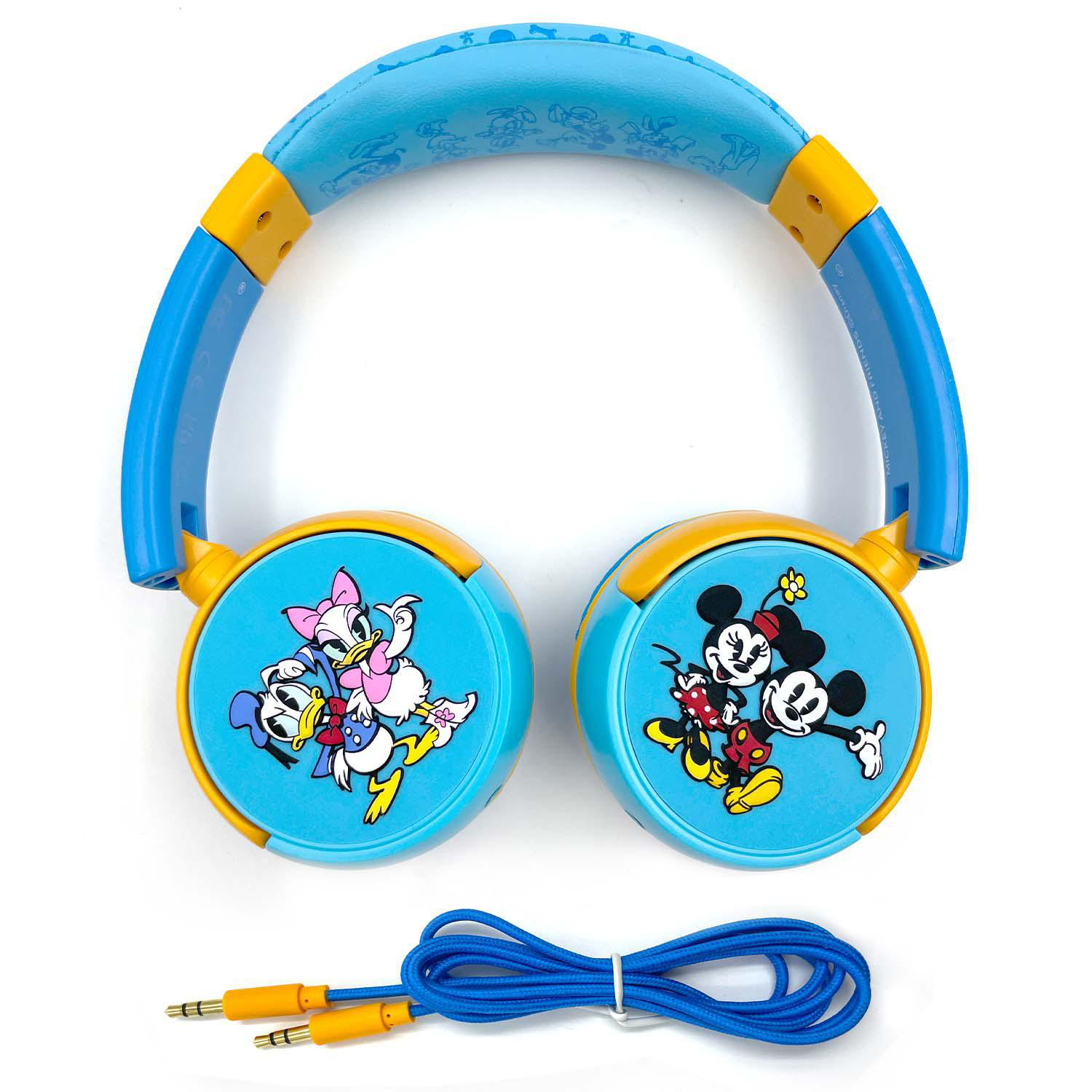 Blaue und gelbe Mickey Mouse Kopfhörer mit Mickey, Minnie, Daisy und Donald darauf.