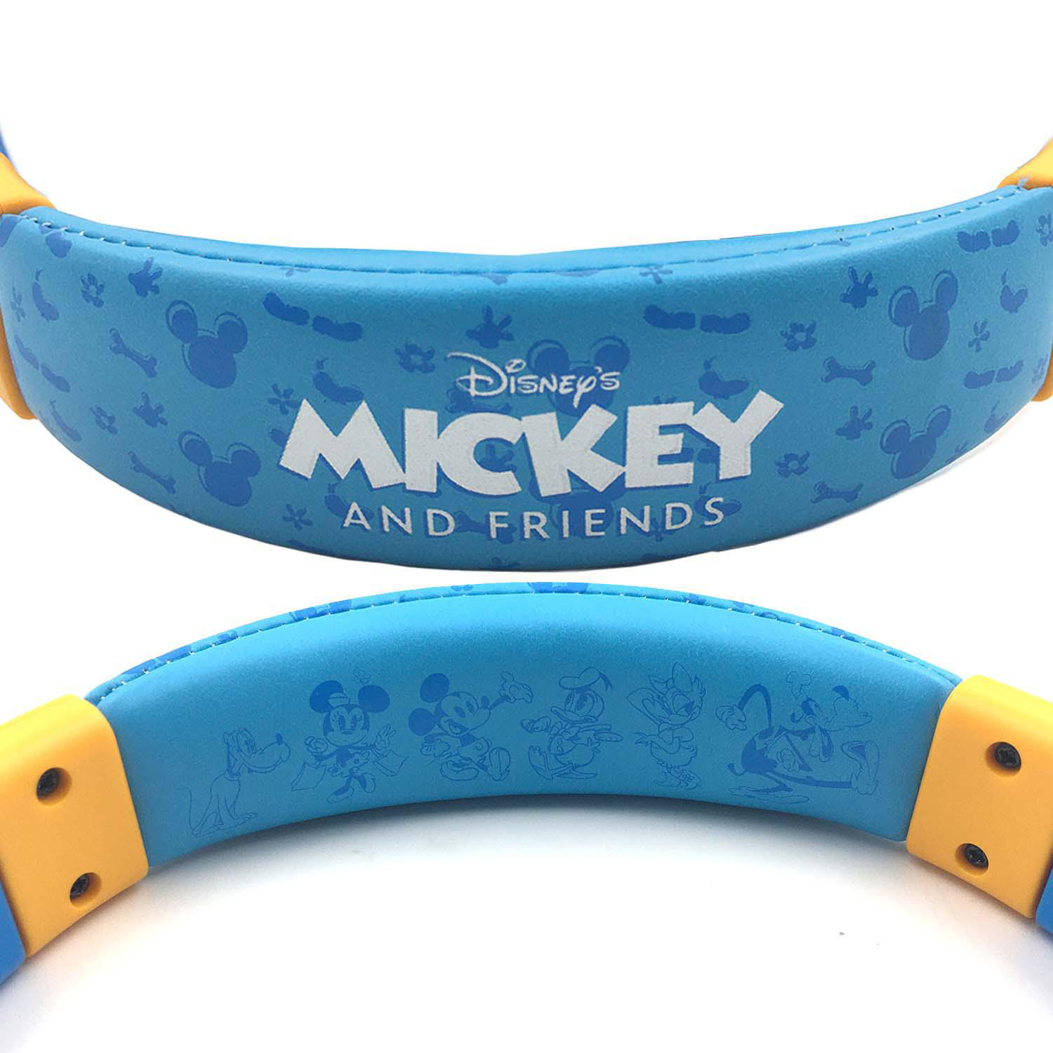 Nahaufnahme von blauen Kopfhörern mit den Worten Mickey and Friends.