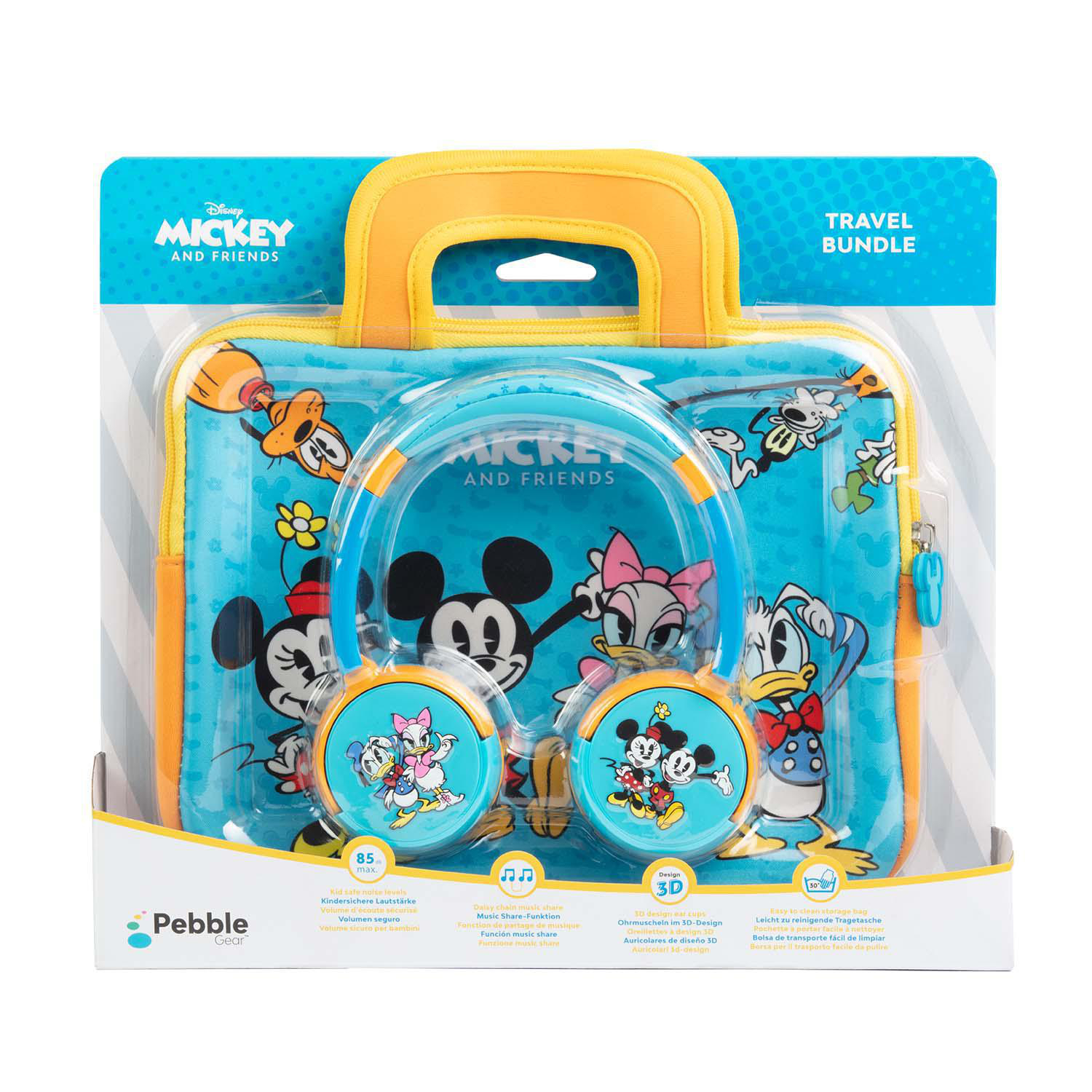 Mickey and Friends Reise-Bundle. Enthält Kopfhörer und eine Tragetasche mit Mickey Mouse Designs.