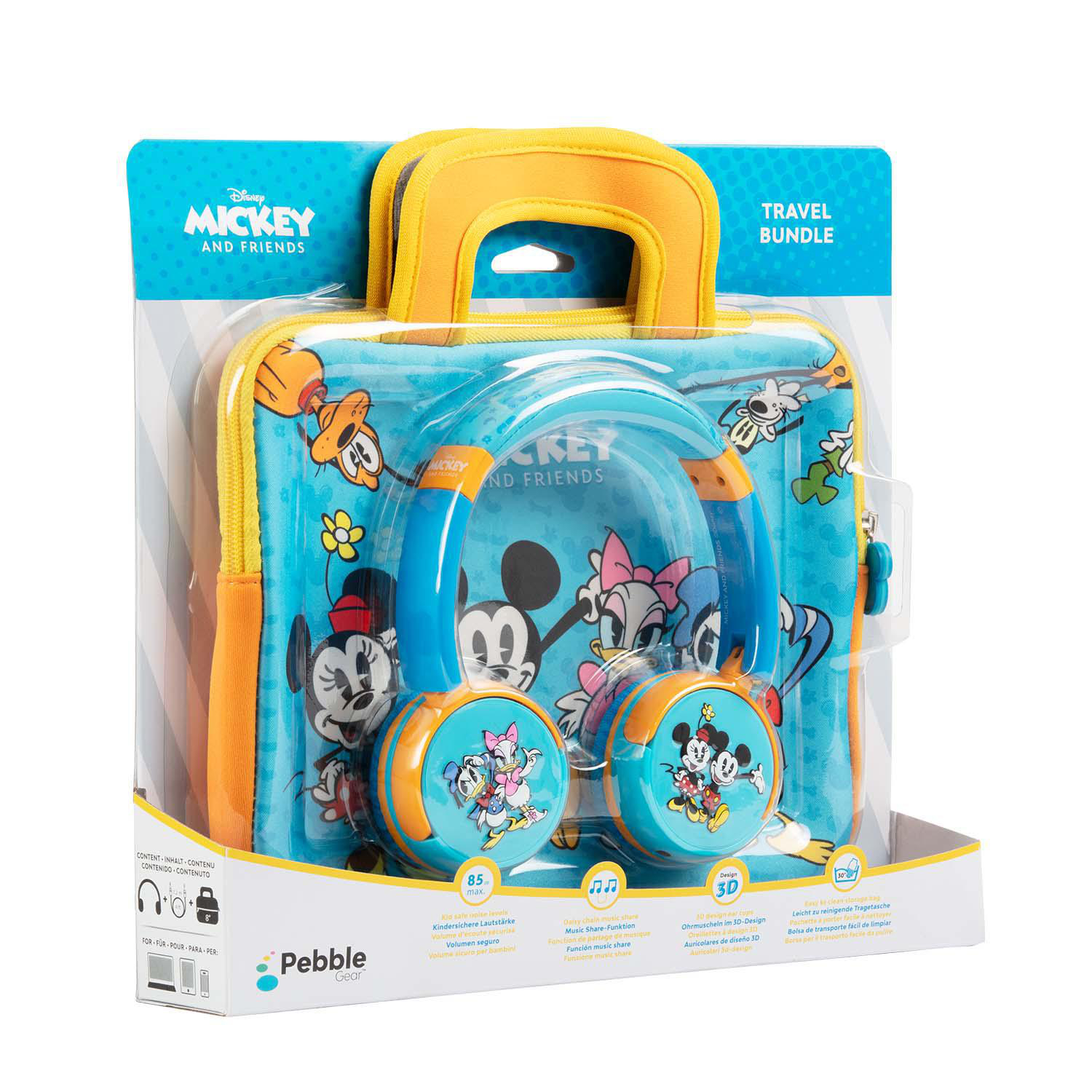Ein Disney Mickey and Friends Reise-Bundle. Eine blaue und orangefarbene Tasche mit Kopfhörern.