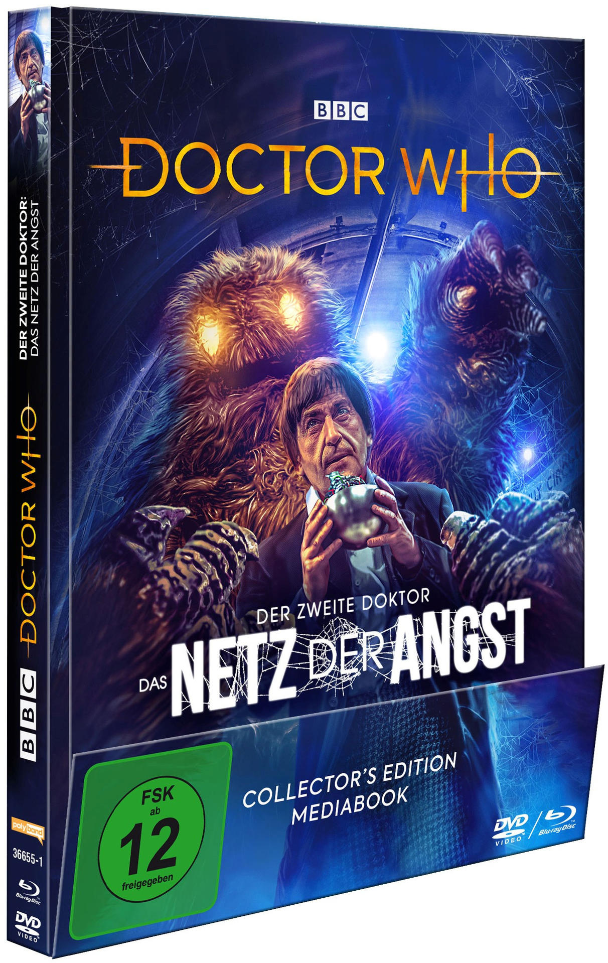 DVD-Box-Set für Doctor Who: Das Netz der Angst. Enthält einen Mann in dunklem Anzug und zwei Monster.