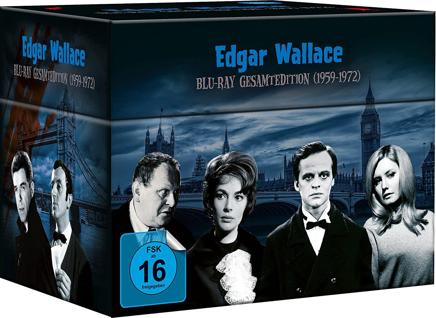Box-Set von Edgar Wallace Blu-ray-Filmen. Menschen vor Londoner Gebäuden.