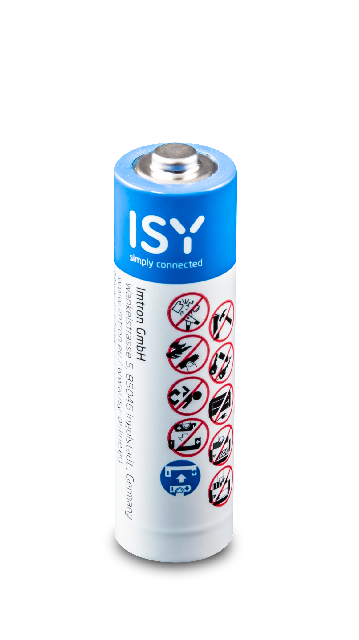 AA-Batterie mit blau-weißem Etikett, Text und Warnsymbolen.