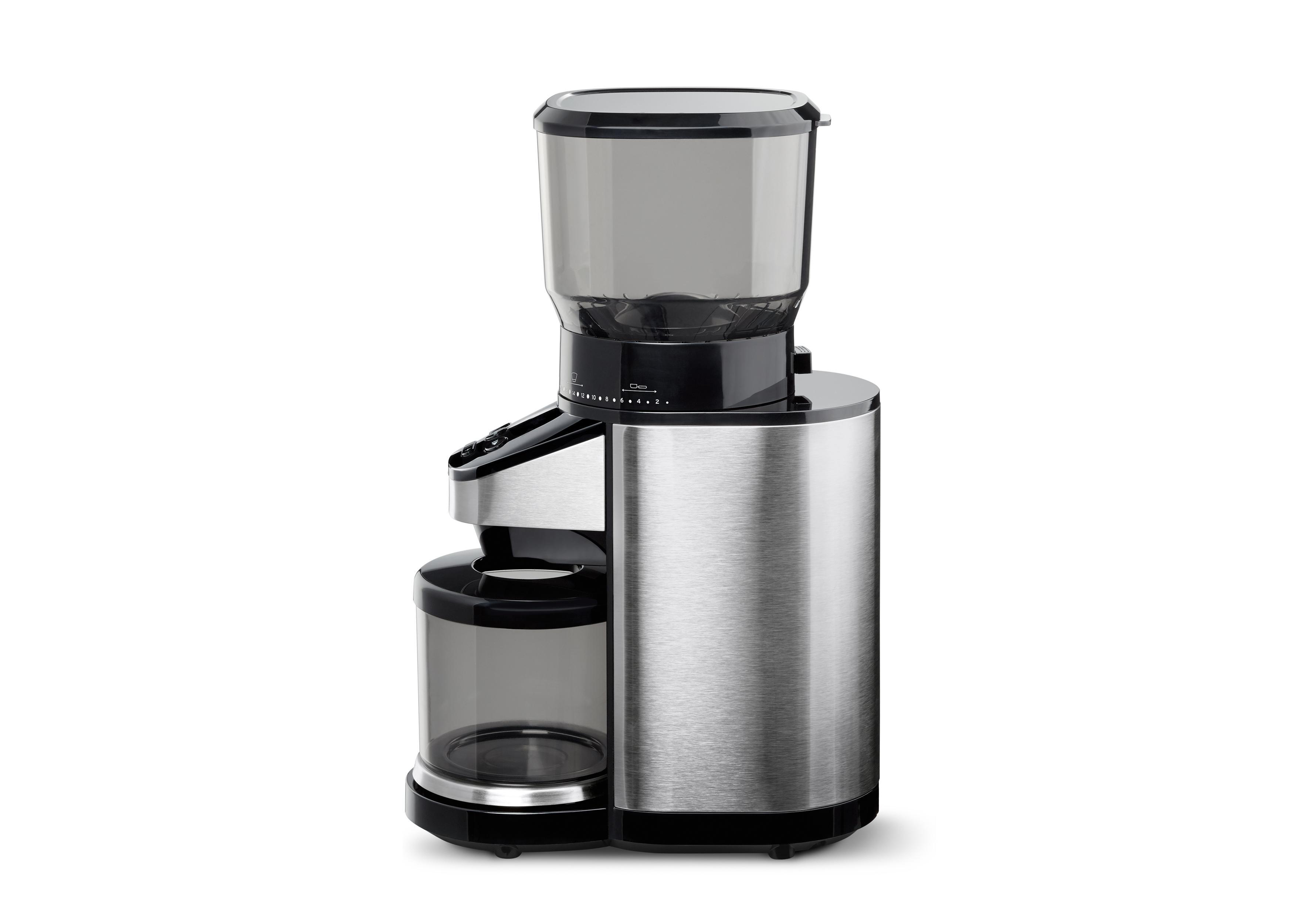 Eine silber-schwarze Kaffeemühle. Sie hat einen Trichter oben und einen Behälter unten.